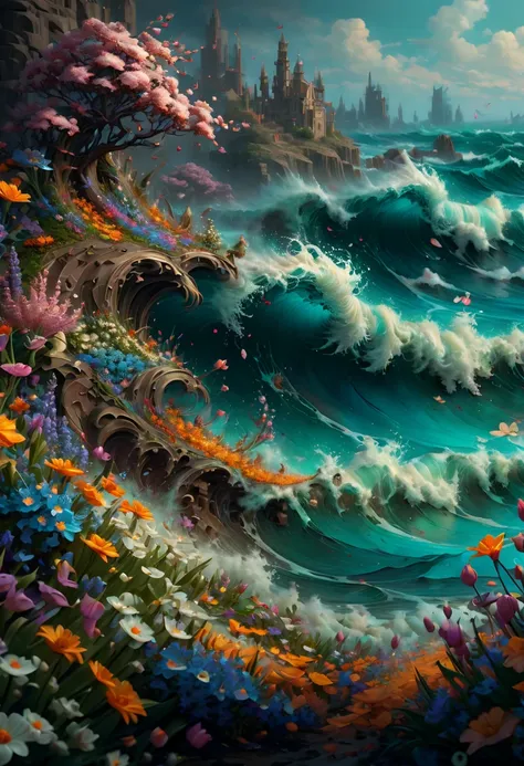 sea of flowers, wave of flowers, fantasy art, (best quality, masterpiece, Representative work, official art, Professional, Ultra intricate detailed, 8k:1.3)