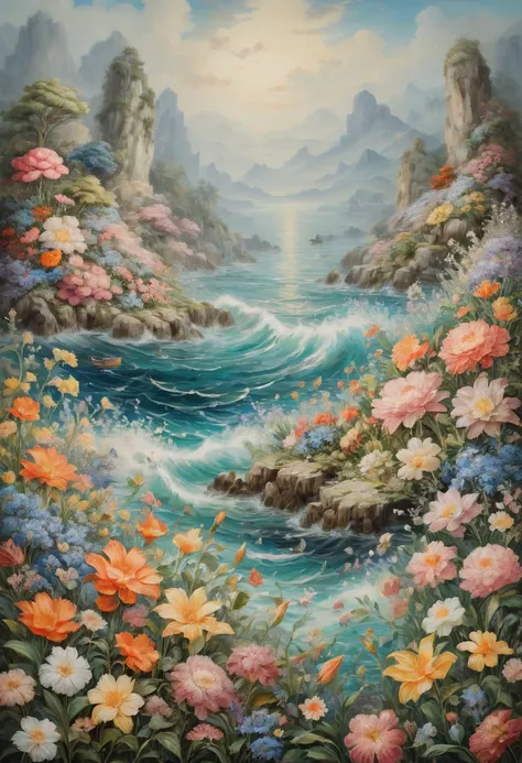 sea of flowers, claborate-style painting, best quality, masterpiece, Representative work, official art, Professional, Ultra intricate detailed, 8k