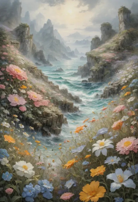 sea of flowers, by Alan_Lee, best quality, masterpiece, Representative work, official art, Professional, Ultra intricate detailed, 8k