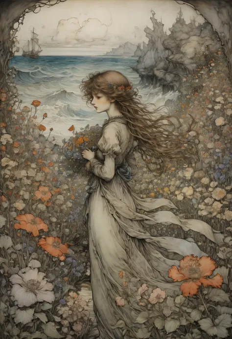 sea of flowers, by Arthur Rackham, best quality, masterpiece, Representative work, official art, Professional, Ultra intricate detailed, 8k