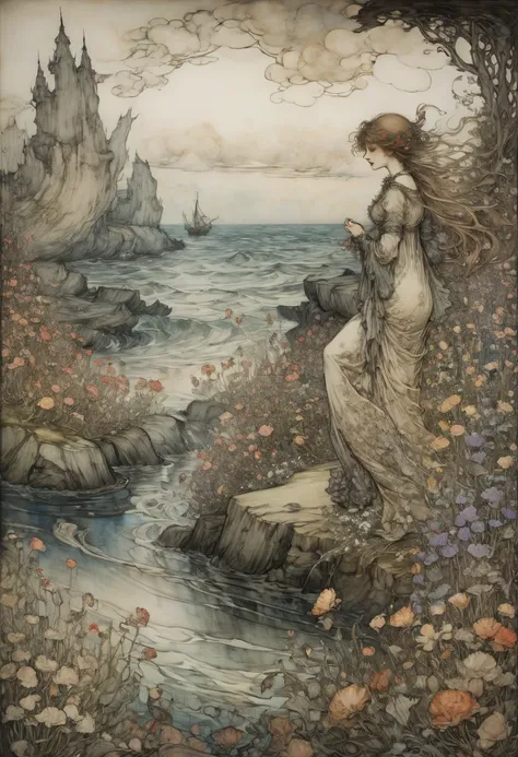 sea of flowers, by Arthur Rackham, best quality, masterpiece, Representative work, official art, Professional, Ultra intricate detailed, 8k