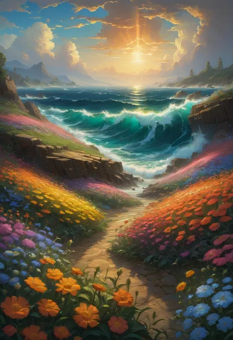 sea of flowers, by Noah Bradley, best quality, masterpiece, Representative work, official art, Professional, Ultra intricate detailed, 8k