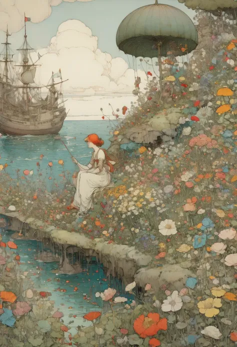 sea of flowers, by W. Heath Robinson, best quality, masterpiece, Representative work, official art, Professional, Ultra intricate detailed, 8k