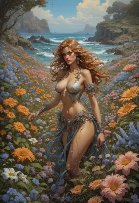 sea of flowers, by Clyde Caldwell, best quality, masterpiece, Representative work, official art, Professional, Ultra intricate detailed, 8k