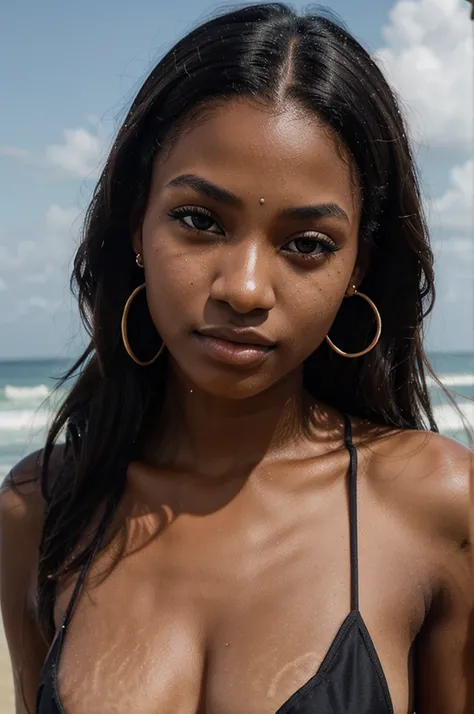 Photo of a 20 year old black woman, who has a very natural face, thin lips, thin eyes, thin eyebrows, a thin nose, earrings, long eyelashes. who is at the beach  in bikinis