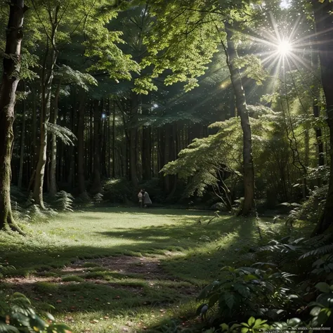 dense forest, (masterpiece : 1.2), Outside, cascade, profondeur de champ, Sunlight, objectif grand angle, feuillage vert, nature, Studio Ghibli, leaf details, variété darbres, atmosphère paisible.