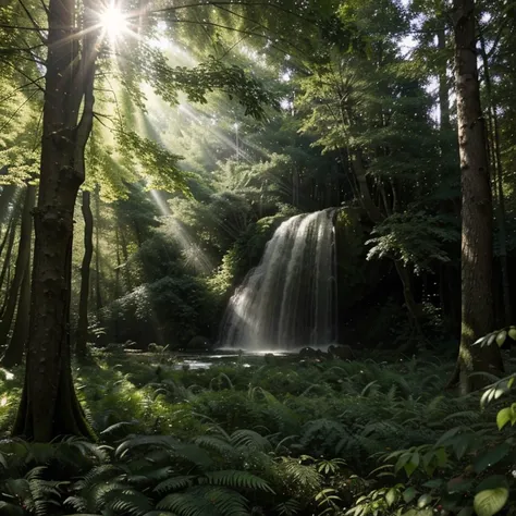 dense forest, (masterpiece : 1.2), Outside, cascade, profondeur de champ, Sunlight, objectif grand angle, feuillage vert, nature, Studio Ghibli, leaf details, variété darbres, atmosphère paisible.