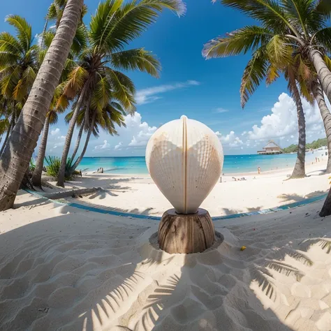 Plage tropicale, (masterpiece : 1.2), Outside, palmiers, profondeur de champ, sunny skies, objectif fisheye, sable fin, eau cristalline, Moebius, shell details, étendue de sable, couleurs vives.