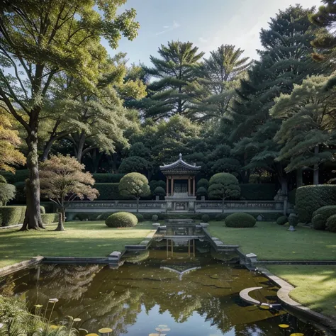 Jardin japonaiasterpiece : 1.2), Outside, temple, profondeur de champ, ciel nuageux, telephoto lens, pruned trees, pond, Hiroshi Yoshida, détails des carpes koï, pont en bois, feuilles dautomne.