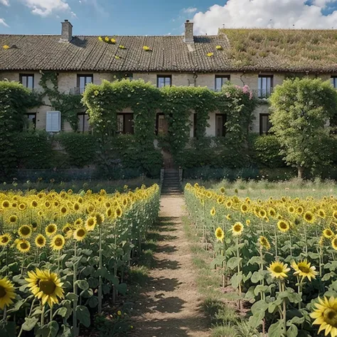 Champ de tournesolasterpiece : 1.2), Outside, ferme, profondeur de champ, ciel estival, telephoto lens, tiges et feuilles, paysage rural, Vincent Van Gogh, détails des tournesols, alignements de fleurs, contraste de couleurs.