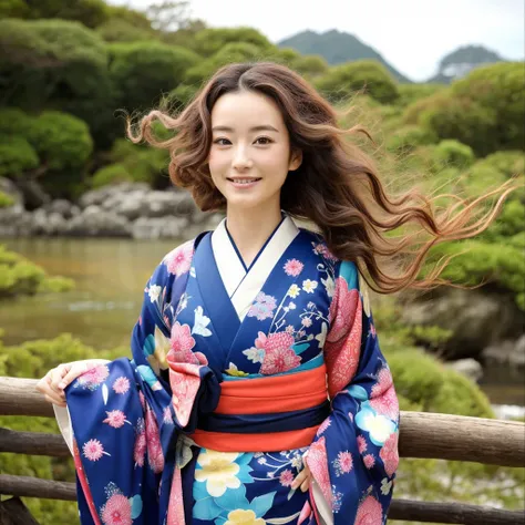 Japanese beauty、Traditional Japanese kimono、stand like a model、long hair with big waves、