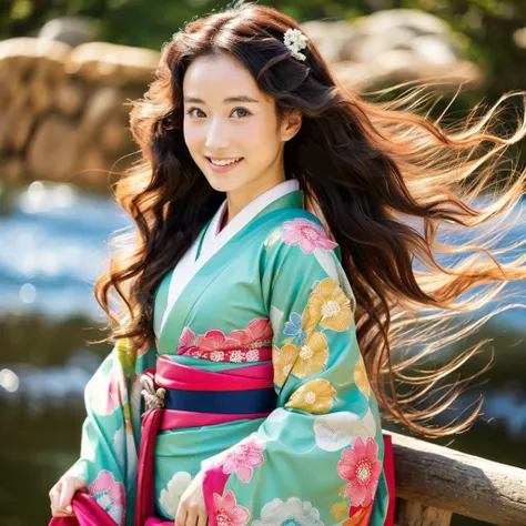 Japanese beauty、Traditional Japanese kimono、stand like a model、long hair with big waves、