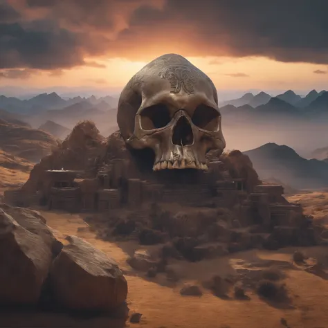 A massive skull, weathered and ancient, resting atop a desolate, windswept plateau. Its hollow eye sockets stare into the distance, harboring secrets of bygone eras. Soft moonlight bathes the scene, casting eerie shadows across the rugged terrain. The skul...