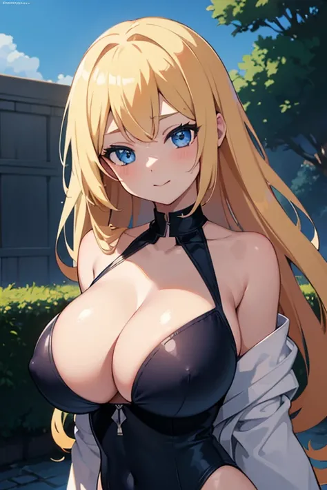 ((anime girl)),(blonde hair), huge breasts, white shine skin, highly detailed beautiful face, beautiful face, beautiful eyes, (talented lo-fi:1.3), naked, sexy, despicable, ((swimsuit)), off shoulder, close, shine, shine light, Super detailed, scenic, in t...