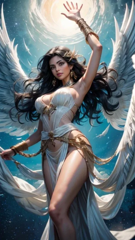 Angel with wings, beautiful Latin woman, long wavy black hair, tanned skin, angelic face, large and expressive eyes, spectacular body, wears a thin white tunic, looks transparent, descends from the night sky with her arms open and huge wings below the wais...