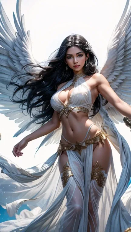 Angel with wings, beautiful Latin woman, long wavy black hair, tanned skin, angelic face, large and expressive eyes, spectacular body, wears thin white tunic, transparent, displays huge wings below the waist of beautiful and dense white plumage, background...