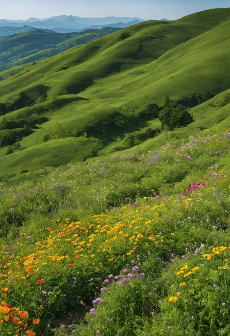 Hills with a variety of flowers, rolling and uneven hills, sunny days, 8K images.