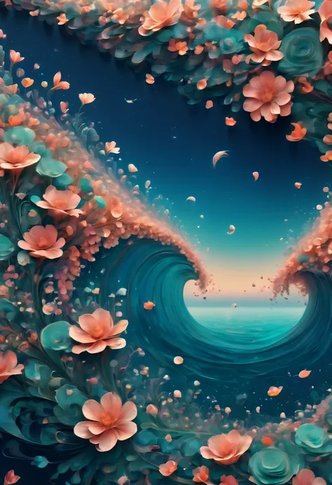 (best quality, highres, ultra sharp), magical sea completely covered in flowers , about the curvature of space time, walking over the area, art deco, zentangle, 3d crunch, cinematic, satelital view,