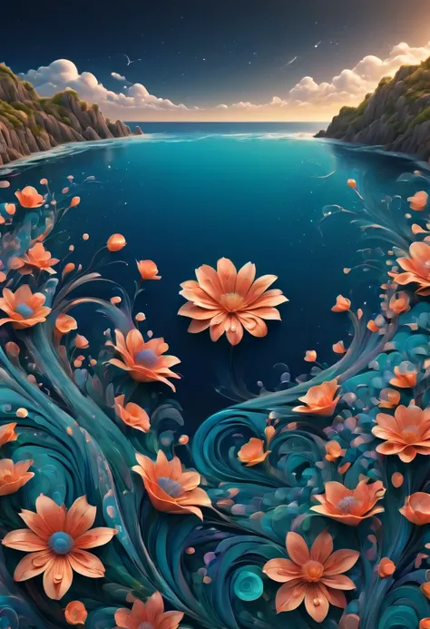 (best quality, highres, ultra sharp), magical sea of flowers, whirlpool, about the curvature of space time, flowers over the area, art deco, zentangle, 3d crunch, cinematic, on the seashore