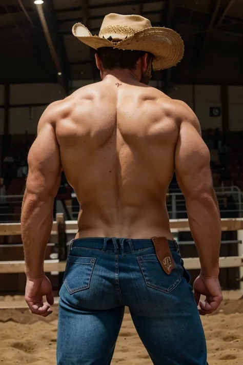 there is a muscular man with a small waist  that is trying to rope a cow, a digital rendering by Linda Sutton, trending on tumblr, fine art, 🐎🍑, in an arena pit, photo from behind of a cowboy, his back is turned, wearing only pants very nice bubble ass, tr...