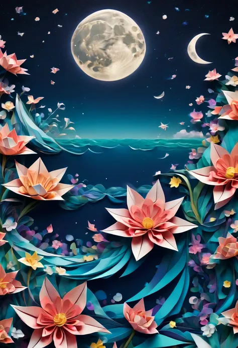 (best quality, highres, ultra sharp), magical sea of flowers, origami flowers over the sea, night. clouds, moon, stars, art deco, zentangle,3d crunch, cinematic, on the seashore, calm,