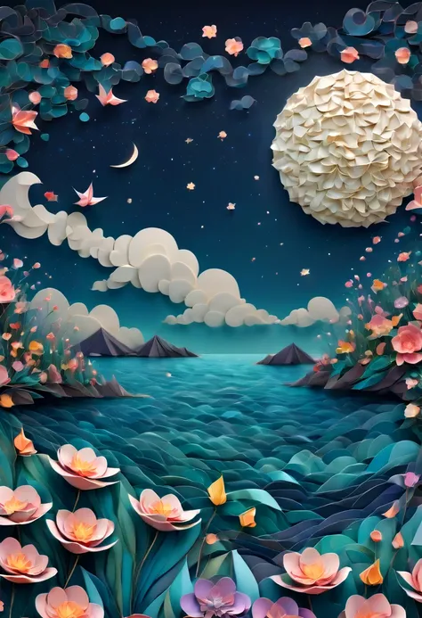 (best quality, highres, ultra sharp), magical sea of flowers, origami flowers over the sea, night. clouds, moon, stars, art deco, zentangle,3d crunch, cinematic, on the seashore, calm,