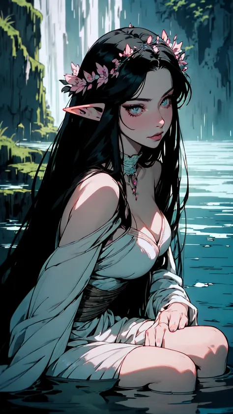 hyper-realistic  of a mysterious woman with flowing black hair, ears of elf,  piercing opal eyes, and a delicate floral crown, delicate smile,  whole body, sitting on the water, backwards, looking back