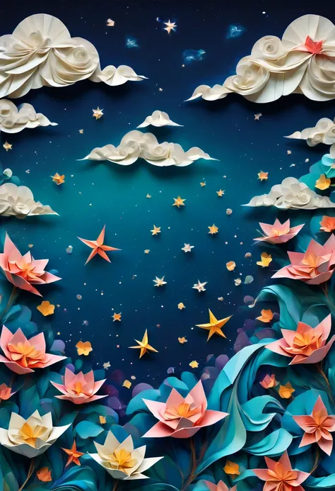 (best quality, highres, ultra sharp), magical sea of flowers, origami flowers over the sea, night. clouds, stars, art deco, zentangle,3d crunch, cinematic, on the seashore, calm,