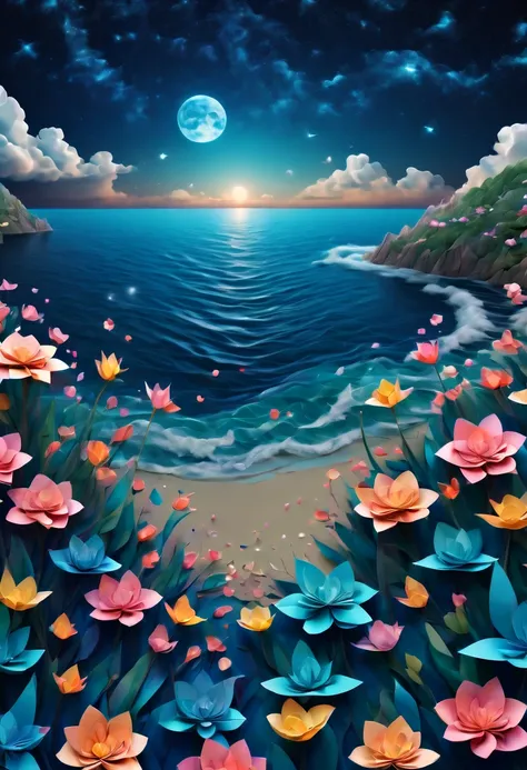 (best quality, highres, ultra sharp), magical sea of flowers, origami flowers over the sea, night. magical clouds , stars, art deco, zentangle,3d crunch, cinematic, on the seashore, calm,