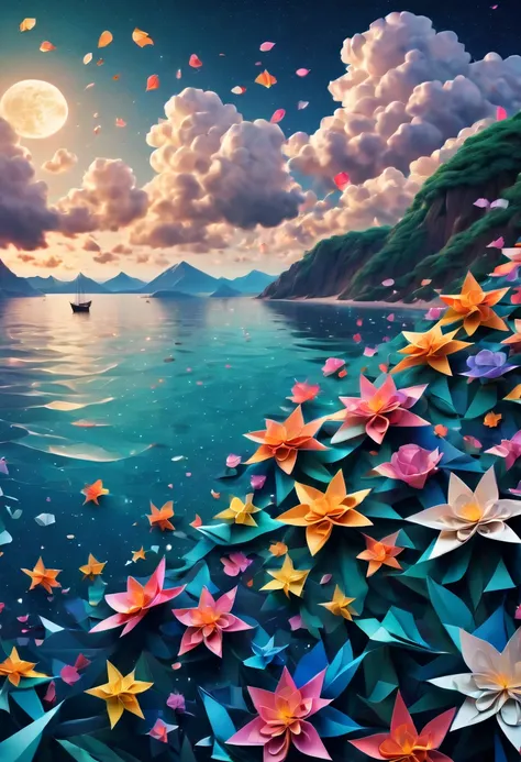 (best quality, highres, ultra sharp), magical sea of flowers, origami flowers over the sea, night. magical clouds, zwntangle stars,3d crunch, cinematic, on the seashore, calm,