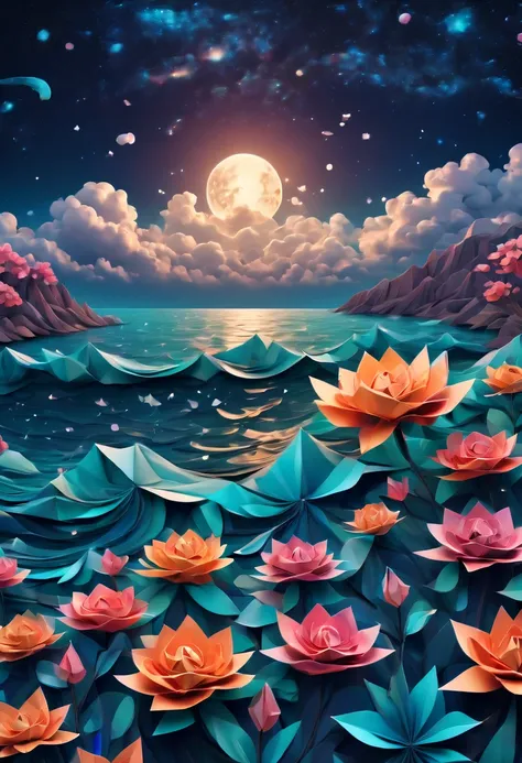 (best quality, highres, ultra sharp), magical sea of flowers, origami flowers over the sea, night. magical clouds , stars, art deco, zentangle,3d crunch, cinematic, on the seashore, calm,