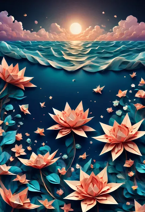 (best quality, highres, ultra sharp), magical sea of flowers, origami flowers over the sea, night. magical clouds , stars, art deco, zentangle,3d crunch, cinematic, on the seashore, calm,