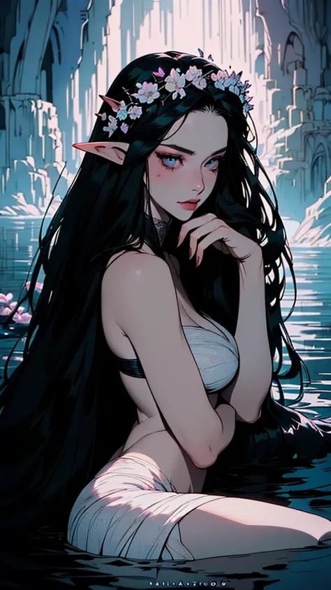 { - anatomy error}(Masterpiece - Ultra-detailed, very high resolution)hyper-realistic of a mysterious woman with flowing black hair, ears of elf, piercing opal eyes, and a delicate floral crown, delicate smile, whole body, sitting on the water, backwards, ...