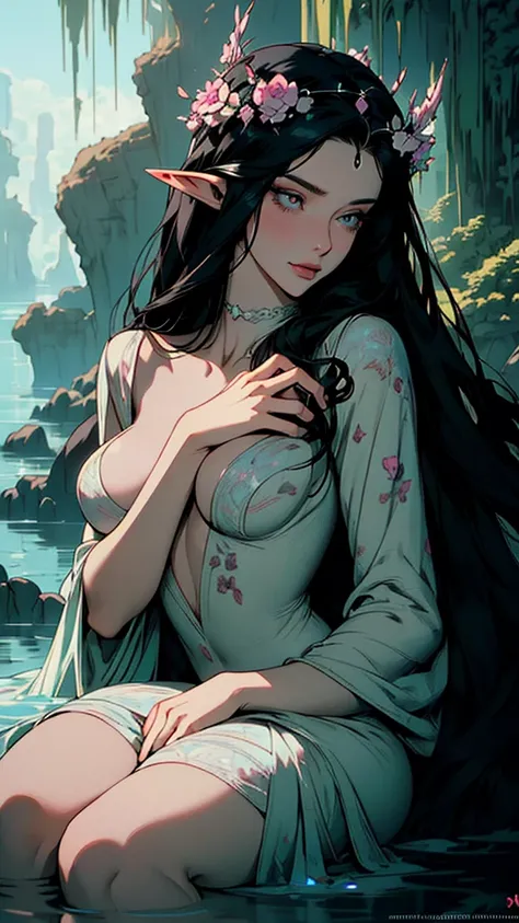 { - anatomy error}(Masterpiece - Ultra-detailed, very high resolution)hyper-realistic of a mysterious woman with flowing black hair, ears of elf, piercing opal eyes, and a delicate floral crown, delicate smile, whole body, sitting on the water, backwards, ...