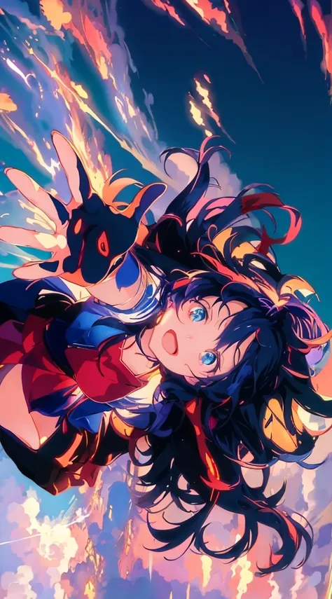 Anime girl flying in the sky with hands raised, Anime cute art style, Anime visual of a cute girl, official artwork, wallpaper anime blue water, Official Anime Artwork, official art, kyoto animation style, Beautiful anime artwork, Makoto Shinkai Cyril Rola...