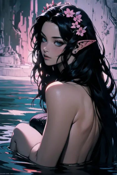 { - anatomy error}(Masterpiece - Ultra-detailed, very high resolution)hyper-realistic of a mysterious woman with flowing black hair, ears of elf, piercing opal eyes, and a delicate floral crown, delicate smile, whole body, sitting on the water, backwards, ...