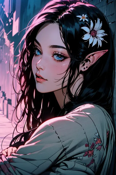 { - anatomy error}(Masterpiece - Ultra-detailed, very high resolution)moonlight, hyper-realistic of a mysterious woman with flowing black hair, ears of elf, piercing opal eyes, and a delicate floral crown, delicate smile, sitting on the ground, backwards, ...