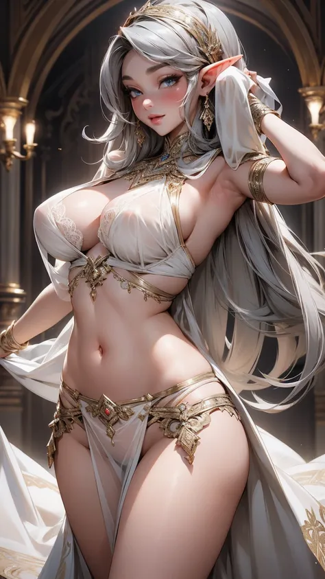 { - anatomy error}(Masterpiece - Ultra-detailed, very high resolution) sexy elf young belly dancer, very big breasts, white dress, sexy see-through underwear with lace, Beautuful Women, happy face, long gray hair, dancing lightly ,1 girl