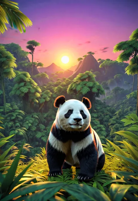 ((panda:1.5, ultra detailed:1.4, majestic, imposing, elegant, fearsome, among leaves in the middle of the jungle.:1.4),hyperreal...