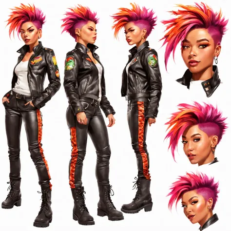 A cute woman (dashing action hero in a leather jacket, leather pants, combat boots, loud brightly colored hairdo, cute face),(his code name is Tater Salad), Is seen from multiple angles and a close up on face in a character design sheet