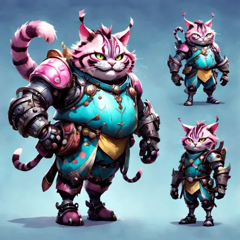 character design sheet of Dressed animals - a ((fat)) Cheshire cat warrior,(brave pose), high quality,(lovely) ,intricate detailed giant mechanical arms, highly detailed ((mechanical armor) ,,highly detailed decorations, , (brave), studio lighting,(full bo...