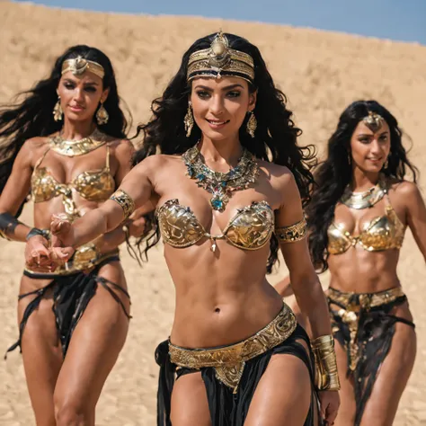 (Conan movie)(best quality,4k,highres:1.2),ultra-detailed,realistic:1.37, A group of Egyptian women (aged near 20, various builds and complexions, tend towards  and nimble, ancient Egyptian dancer attire, make up, and body paint) Have been ordered to dance...