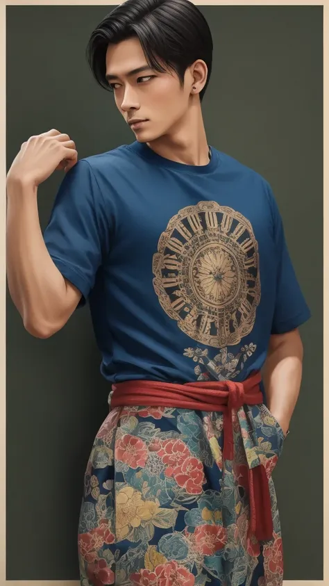 "1 boy solo, a half body, japanese vintage art, nostalgic t-shirt design with intricate details and vibrant colors, inspired by ...