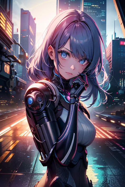 An artwork of a girl with futuristic bionic arms, created using a combination of digital illustration and 3D rendering. The girl has beautifully detailed eyes, lips, and face. Her bionic arms are extremely detailed, showing advanced mechanical components w...