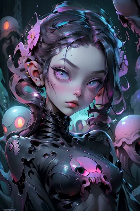 beautiful alien undead girl, an octopus sits on its head, large slanted eyes, in the style of Tim Burton, dark art, Clear drawing, outline with ink, bright rich colors, sketch, glitter, against the backdrop of dreams, close-up, High detail