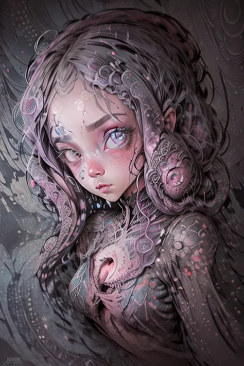 beautiful alien undead girl, an octopus sits on its head, large slanted eyes, in the style of Tim Burton, dark art, Clear drawing, outline with ink, bright rich colors, sketch, glitter, against the backdrop of dreams, close-up, High detail