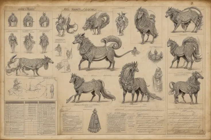 Image: An ancient character design sheet featuring a detailed character description, various angles, and detailed anatomy sketches.

Descriptive keywords: Intricate, historical, mythical, intricate details, character analysis

Photographic style: High-reso...