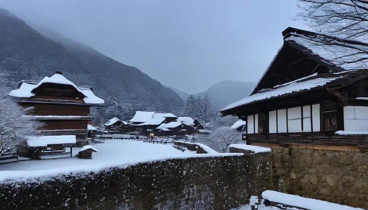 Gassho-making in Shirakawa-go, Gifu Prefecture, snowy scenery, night lights, mythical atmosphere, quiet,