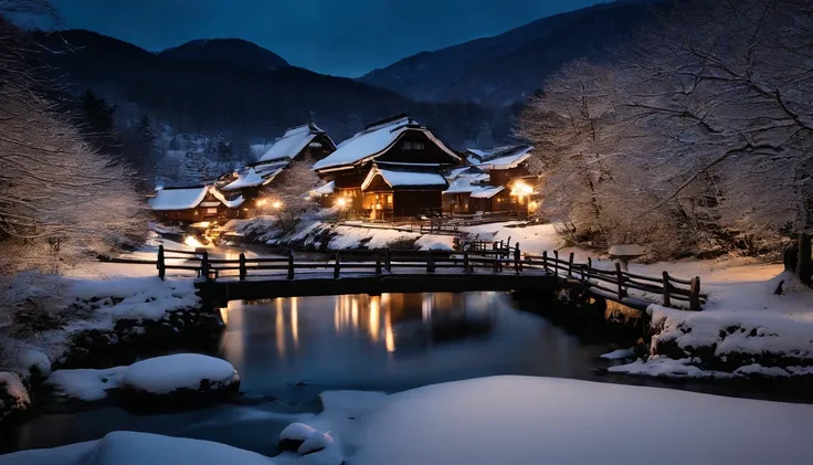 Gassho-making in Shirakawa-go, Gifu Prefecture, snowy scenery, night lights, mythical atmosphere, quiet,