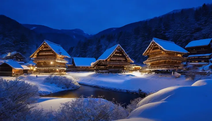 Gassho-making in Shirakawa-go, Gifu Prefecture, snowy scenery, night lights, mythical atmosphere, quiet,